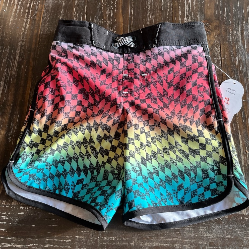 Boys Size XS 4-5 Wonder Nation Gradient Check Swim Trunks Board Shorts Quick Dry